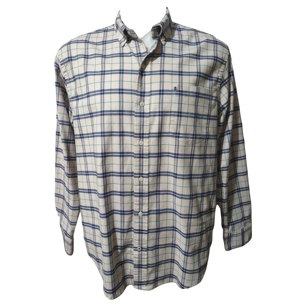 IZOD Shirt Large Mens Plaid Saltwater Relaxed Fit Blue Button Down Long Sleeve